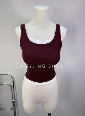 DAISYJING2025新款U领假两件双肩带背心女拼色百搭吊带内搭上衣潮