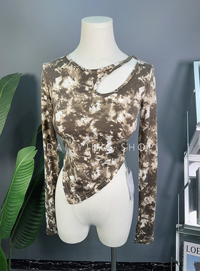 DAISYJING2025新款百搭链条镂空修身长袖T恤女不对称打底衫上衣潮