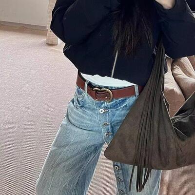 大码美式复古做旧水洗斜门襟纽扣牛仔裤子女辣妹设计感休闲拖地裤