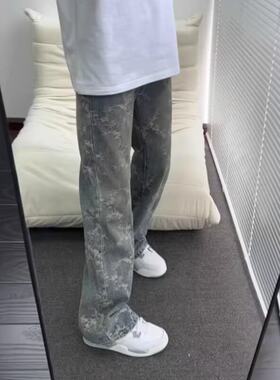 美式高街vibe提花牛仔裤男春夏潮牌水洗直筒休闲裤宽松痞帅牛子裤