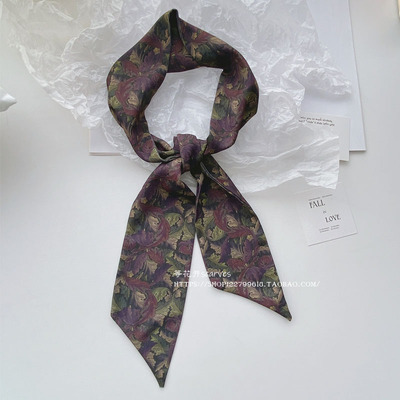 古着中古复古老花长条长款丝巾 春秋装饰小领巾