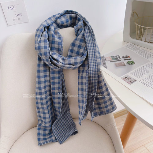 秋冬文艺软糯双面格子棉麻长款保暖围巾 复古护颈长巾披肩围脖女