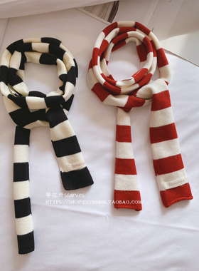 冬季新品条纹细窄超长条百搭毛线小围巾韩版穿搭造型腊肠围脖成品