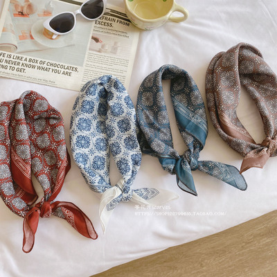 早秋冬季老钱复古美拉德藏青酒红棉质文艺小方巾丝巾护颈肩小围巾