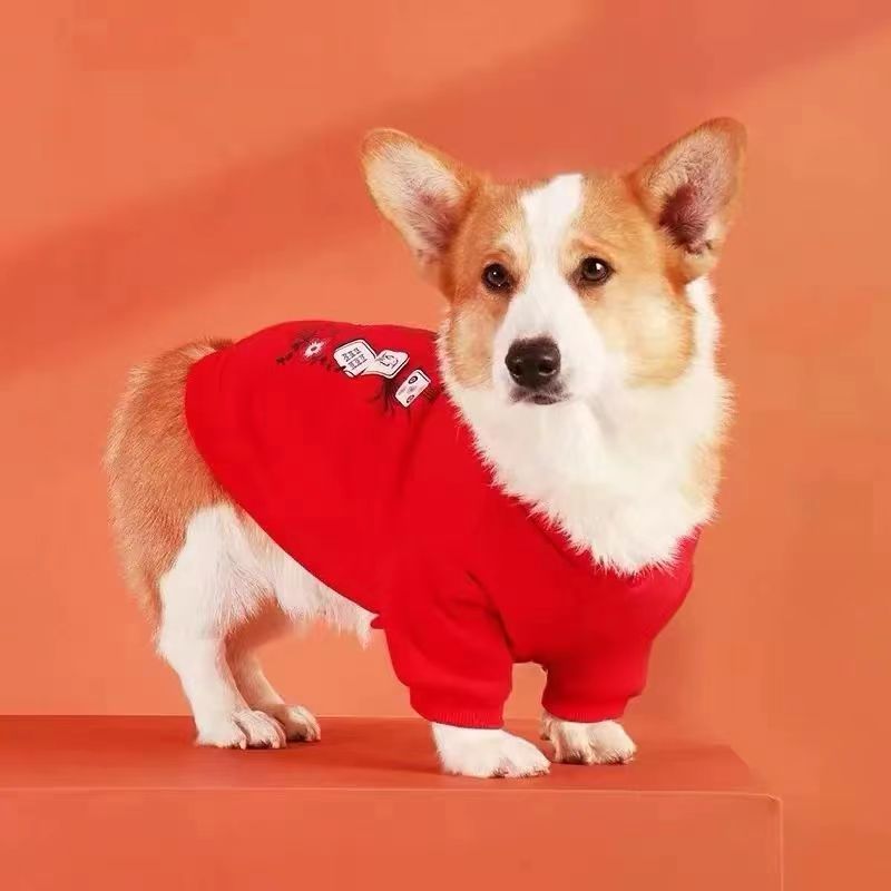 狗狗拜年衣服喜庆冬装雪纳瑞博美柯基小型犬春天秋款过年红色卫衣