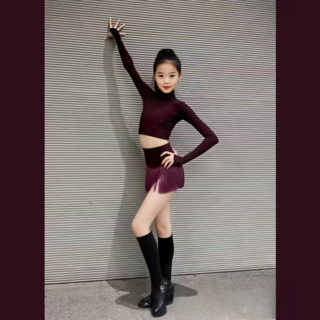 25新款女童秋冬新款高领长袖练功服流苏半裙训练服套装考级舞裙