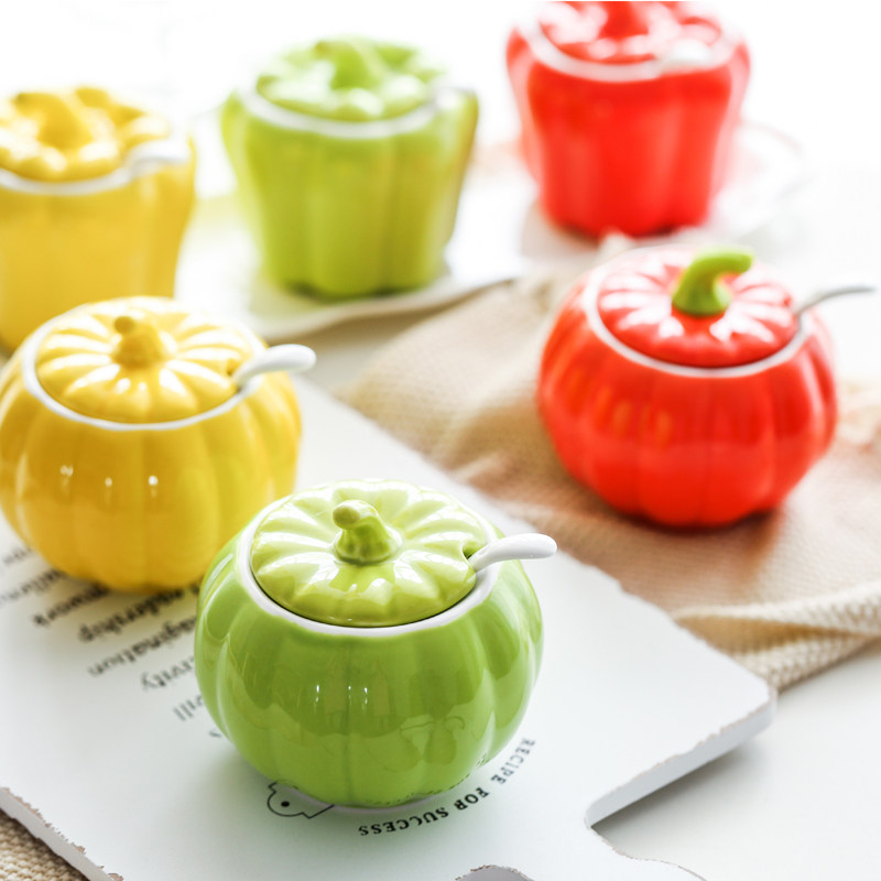 创意陶瓷调味罐厨房收纳用品调料盒套装三件套糖盐罐防潮有盖带勺