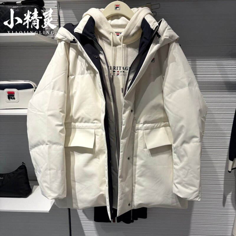 FILA斐乐2025冬季新款女士宽松款中长款连帽保暖羽绒服F11W548905