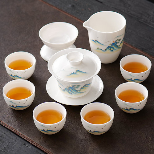 2025新款羊脂玉功夫茶具套组家用泡茶壶茶盘高档轻奢白瓷盖碗茶杯