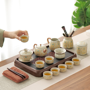 汝窑功夫茶具套装家用轻奢办公陶瓷泡茶壶盖碗茶杯子年会送礼定制