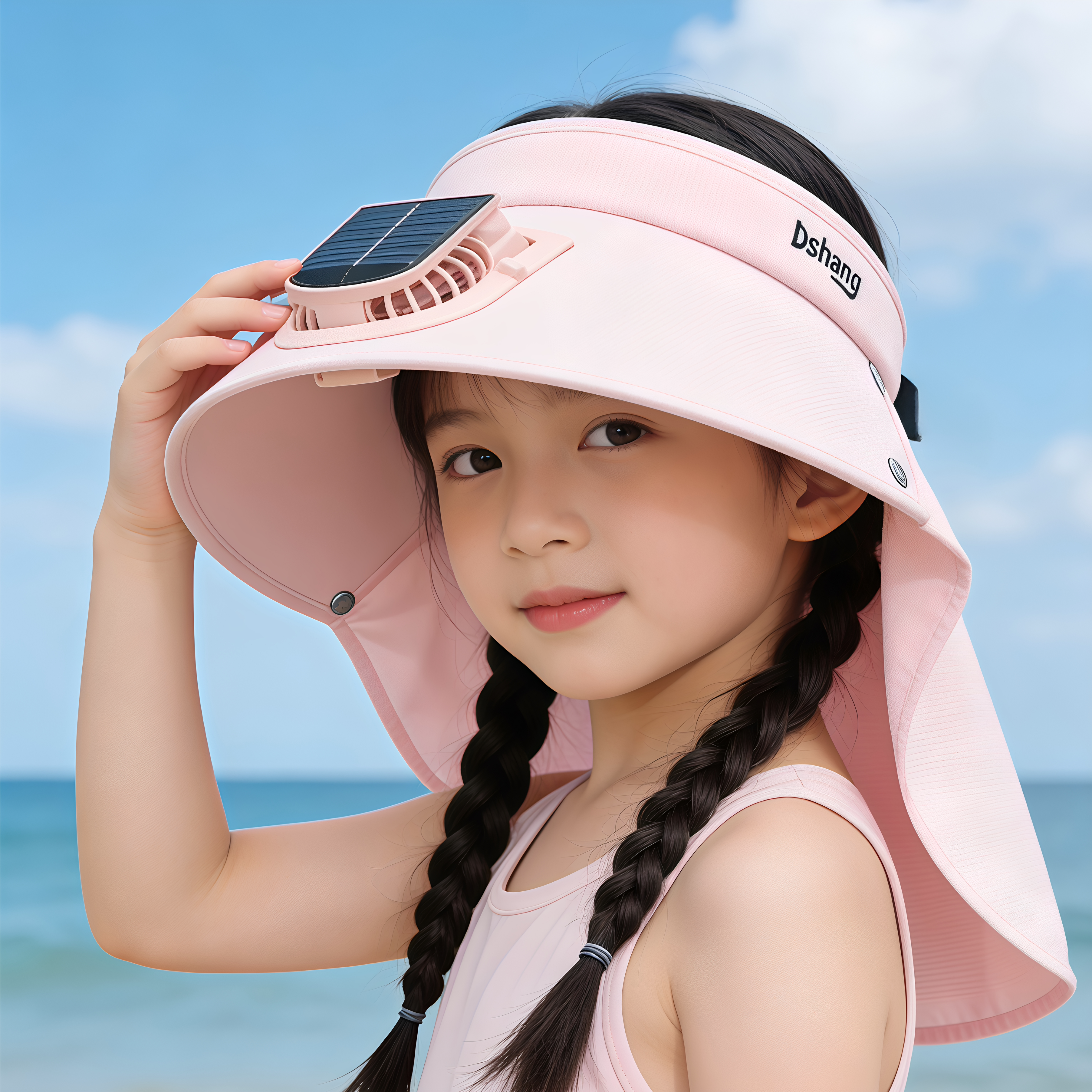儿童太阳能风扇帽夏季男女童防晒帽初中生大檐遮阳披肩帽沙滩凉帽图片