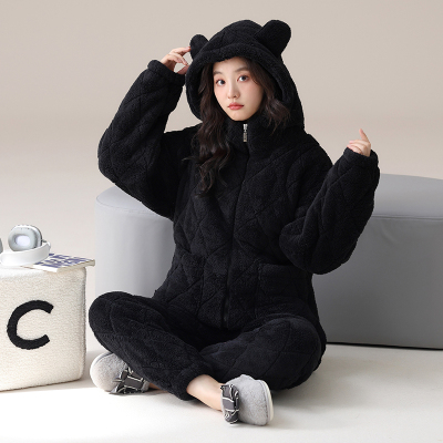 珊瑚绒夹棉睡衣冬三层加厚女