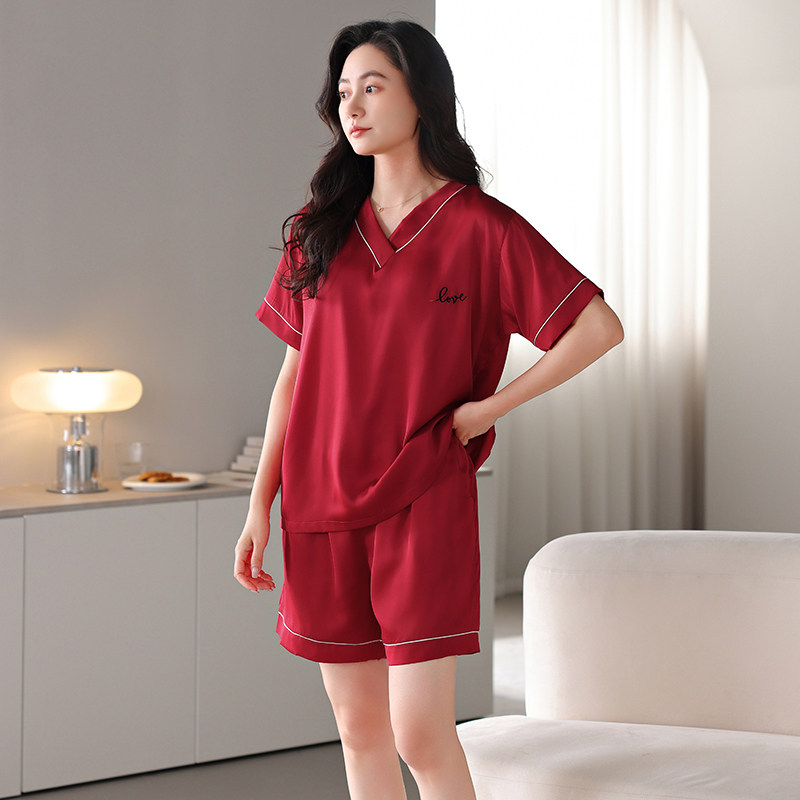 冰丝睡衣女士夏季短袖短裤薄款加肥加大码套头真丝妈妈家居服套装