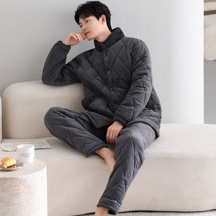 睡衣男款冬季加绒加厚三层海岛绒夹棉袄可外穿湖南省服家居服套装