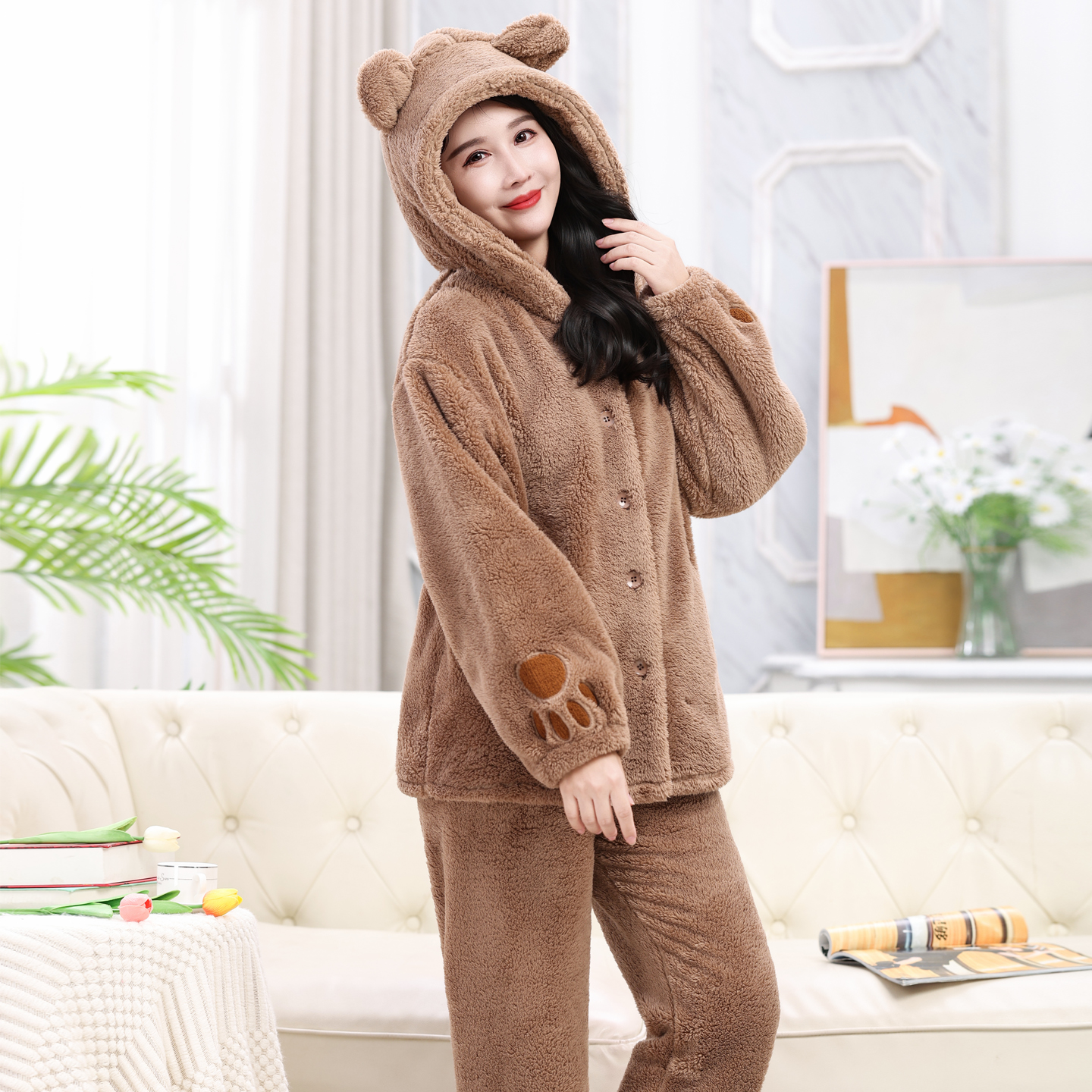 珊瑚绒睡衣女秋冬加厚可外穿