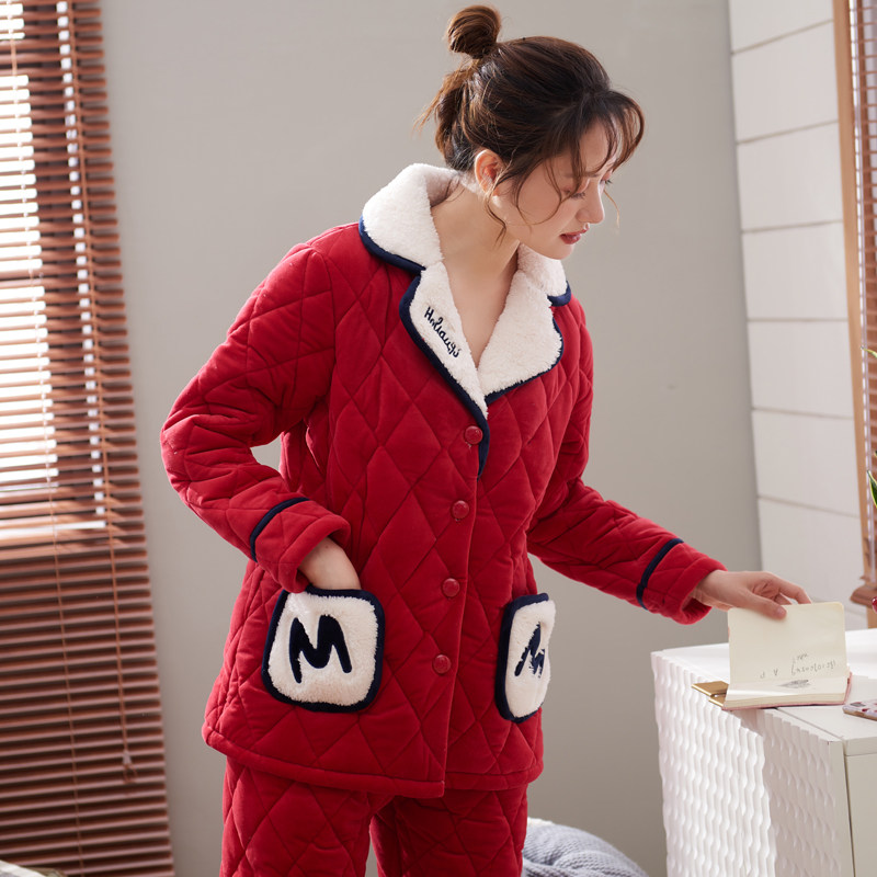 大红色结婚加绒三层保暖夹棉袄