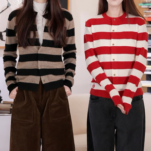 KO 秋日絮语 60%merino羊毛爱心绣条纹 内外两穿针织开衫 两色KIA