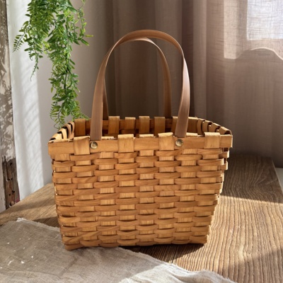 木片手提花篮田园插花篮子