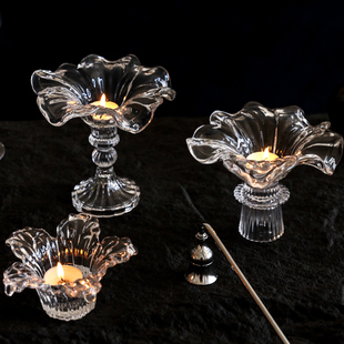 透明玻璃烛台法式复古摆件氛围感蜡烛花朵烛台餐厅晚餐烛光装饰