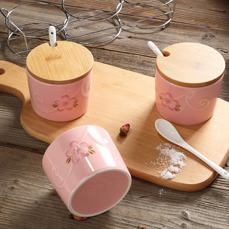 创意樱花陶瓷糖罐盐罐子厨房罐子调味罐调味缸套装配勺三件套用具