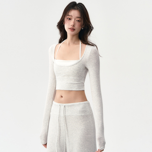 秋冬带胸垫普拉提健身服套装 新款 瑜伽服上衣女假两件跑步运动长袖