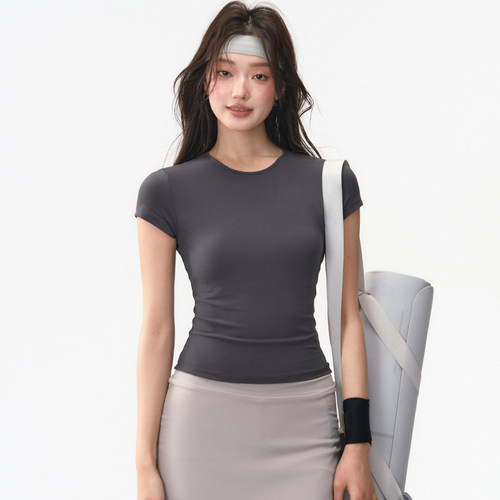 运动短袖女夏薄款修身显瘦圆领速干跑步运动普拉提训练瑜伽服上衣
