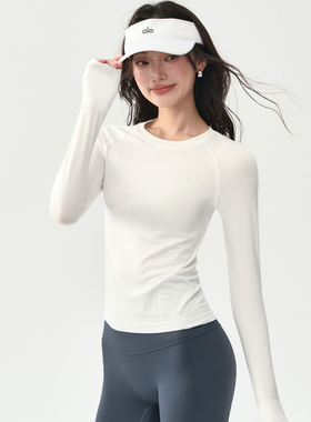 秋冬白色瑜伽服长袖修身t恤女普拉提训练服套装跑步运动健身上衣