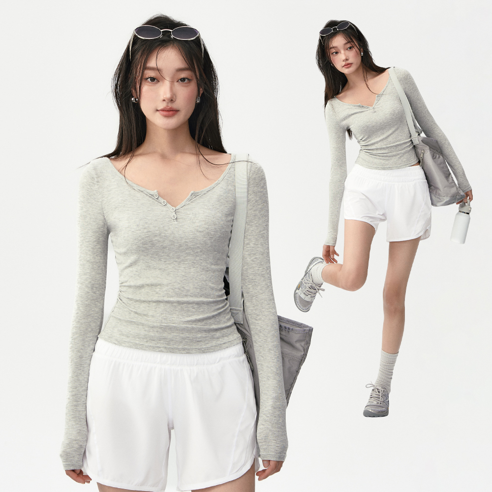 亨利V领休闲运动长袖收腰健身衣