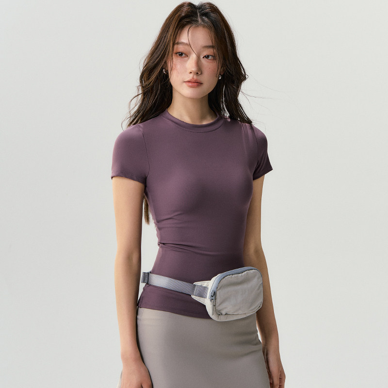 运动T恤女夏季薄款弹力修身速干户外跑步训练瑜伽健身服短袖上衣