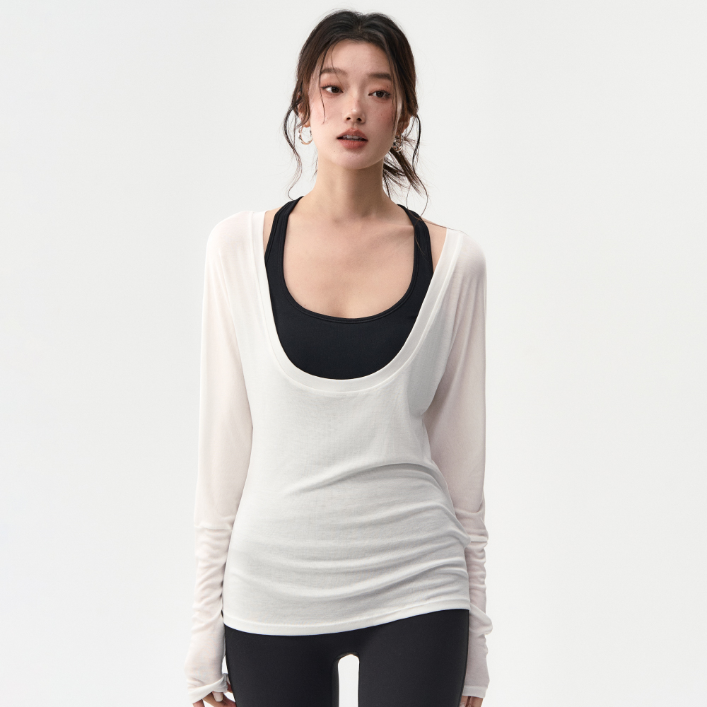 瑜伽服罩衫女大U领蝙蝠袖微透户外跑步训练运动上衣宽松健身长袖