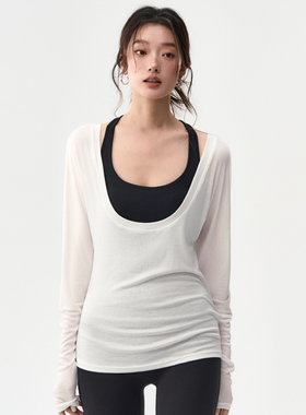 瑜伽服罩衫女大U领蝙蝠袖微透户外跑步训练运动上衣宽松健身长袖