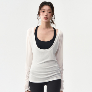 瑜伽服罩衫女大U领蝙蝠袖微透户外跑步训练运动上衣宽松健身长袖