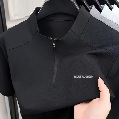 VDOUT夏季新款城市户外运动男士半拉链立领短袖T恤健身跑步训练服