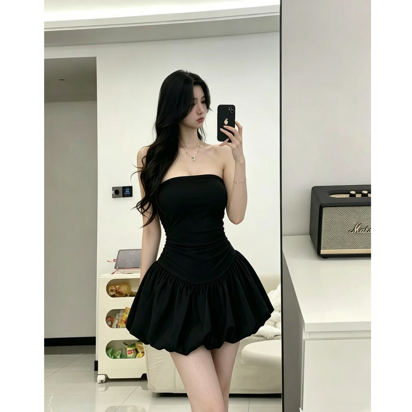 法式小众黑色抹胸连衣裙女装夏季新款收腰花苞蓬蓬裙显瘦气质裙子