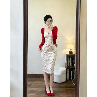 夏季碎花吊带针织开衫女套装