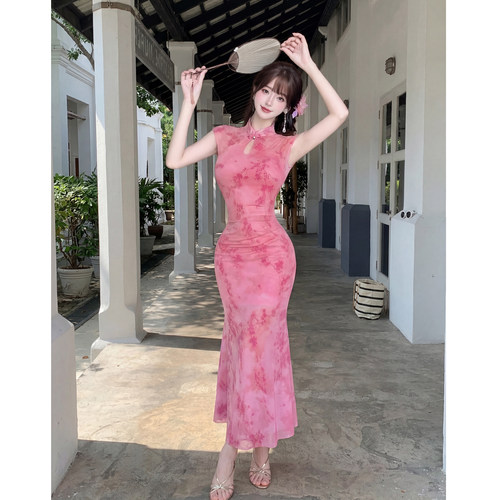 夏季新中式改良碎花修身旗袍裙