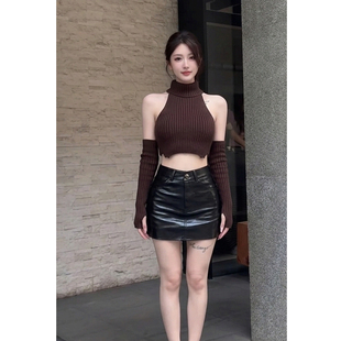 性感辣妹黑色PU皮镭射半身裙女秋季高腰包臀短裙辣妹风显瘦A字裙