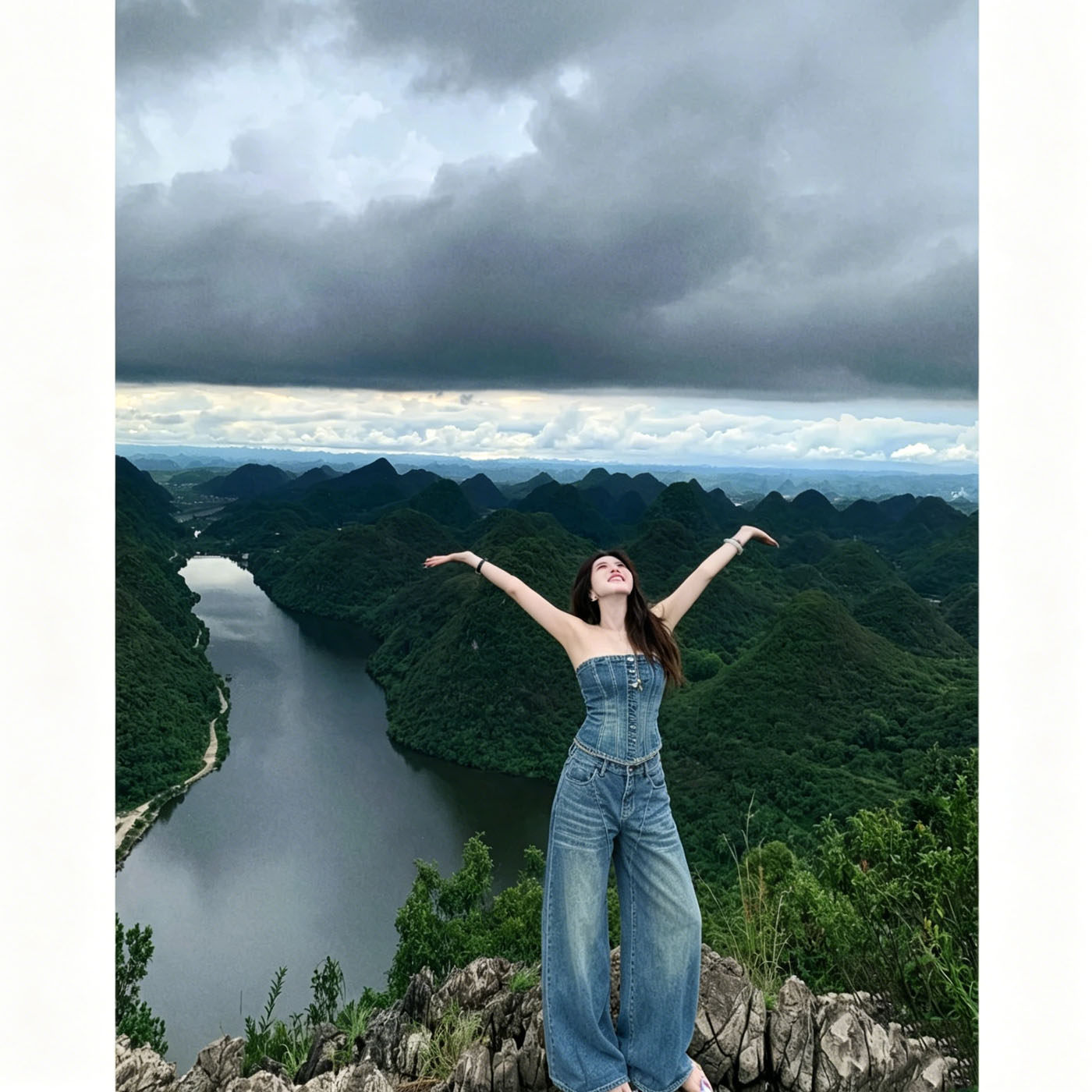 牛仔抹胸辣妹低腰阔腿两件套