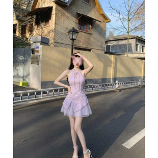 新中式露肩改良版性感蕾丝拼接小个子旗袍女夏短款挂脖无袖连衣裙