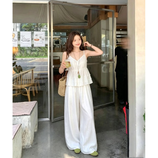 法式复古温柔风系带吊带松紧腰阔腿裤两件套女夏显瘦休闲薄款套装