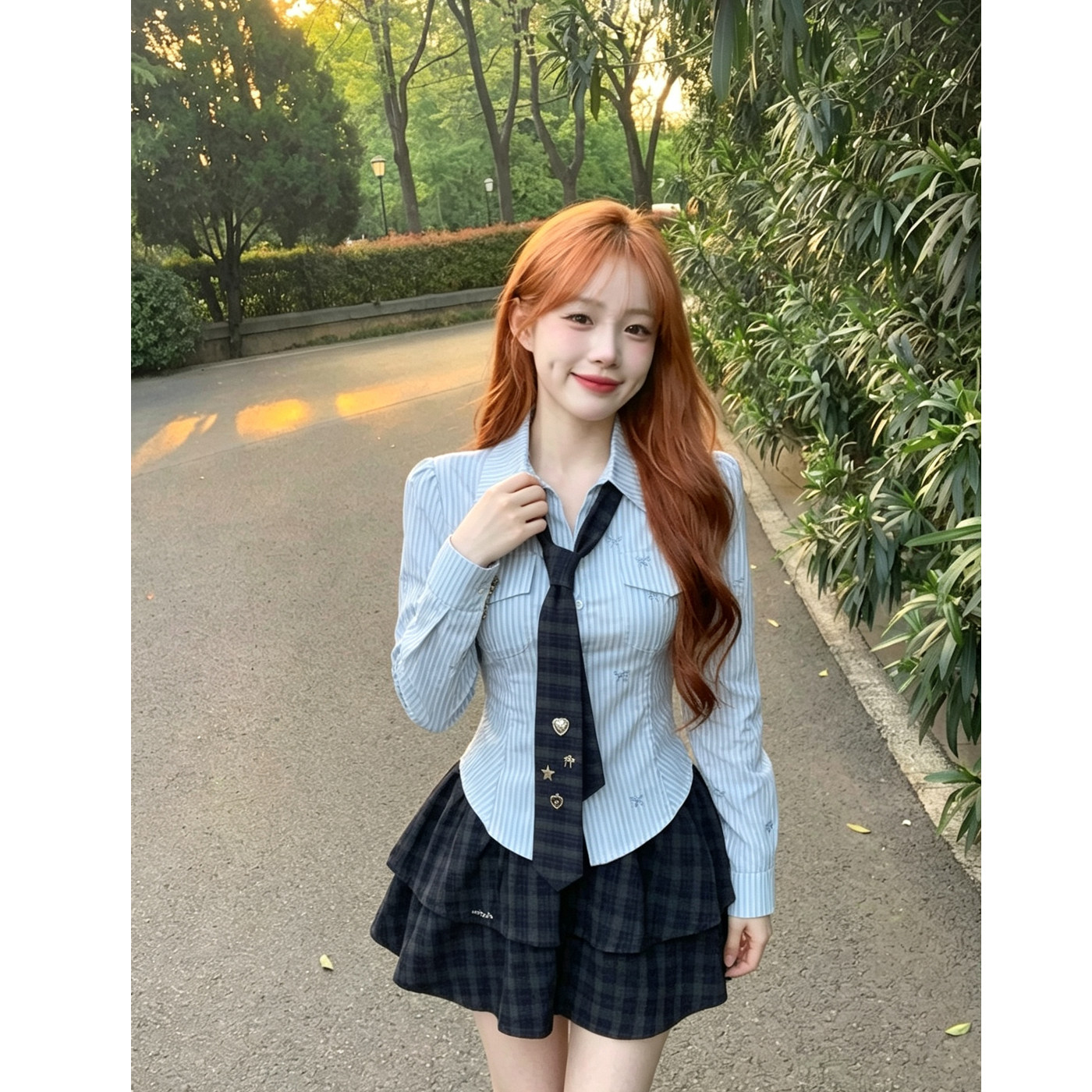 学院风jk制服套装女秋季刺绣条纹衬衫高腰蓬蓬半身裙显瘦两件套装