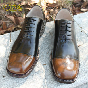 宽头拼色舒适透气轻便鞋 手工定制皮底皮鞋 方头休闲皮鞋 固特异男鞋