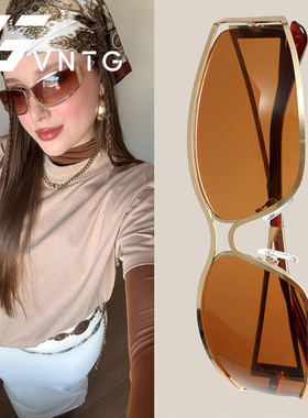 VNTG墨镜金咖色y2k复古风金属框千禧辣妹ins风蝶形uv400太阳眼镜