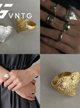 VINTAGETASTE 日系小众复古立体雕花桃心民族风图腾纹理戒指