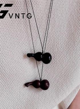 VINTAGETASTE 新中式红檀黑檀木葫芦吊坠项链小众皮绳ins风毛衣链