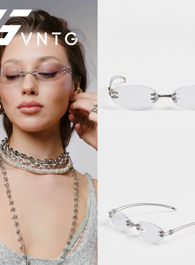 VNTG无边框椭圆形透明镜片银色金属框架眼镜墨镜时髦ins太阳眼镜