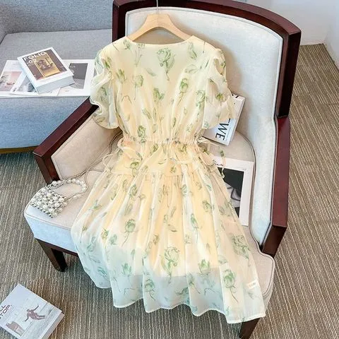 显瘦夏季水墨画系带长裙2025连衣裙复古泡泡袖大码裙子雪纺女高腰