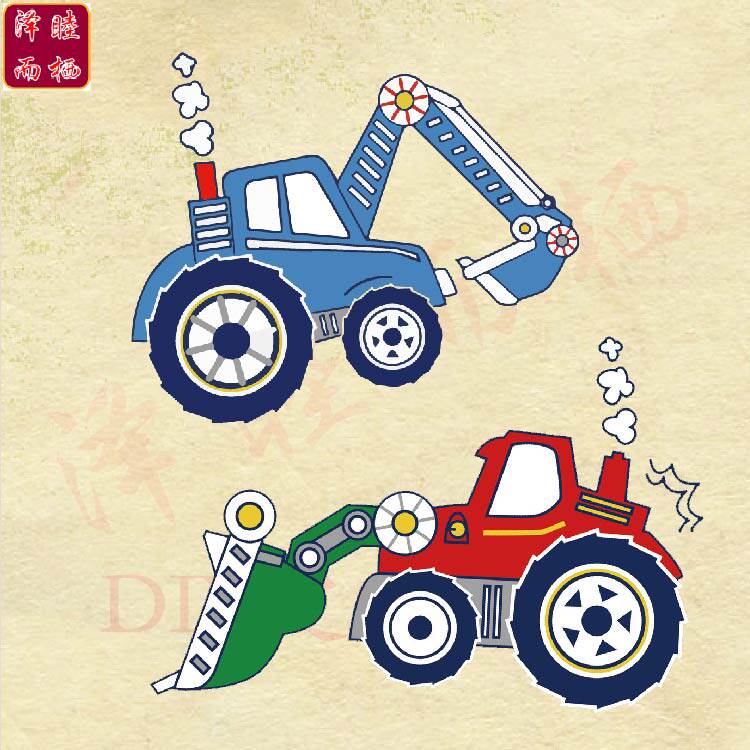卡通玩具挖掘机印花图案衣服辅料diy来图定制补丁熨斗柯式烫画贴