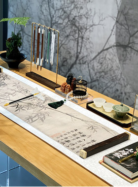样板房新中式书房组合摆件镇尺毛笔架画轴印章书玉玺书桌套装软装