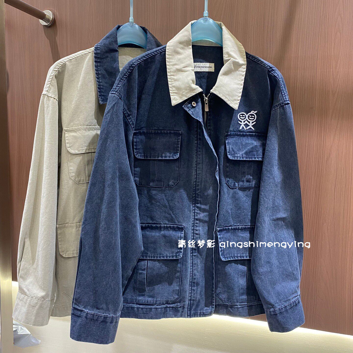复古水洗撞色翻领多口袋牛仔外套女秋冬宽松显瘦可爱刺绣工装夹克